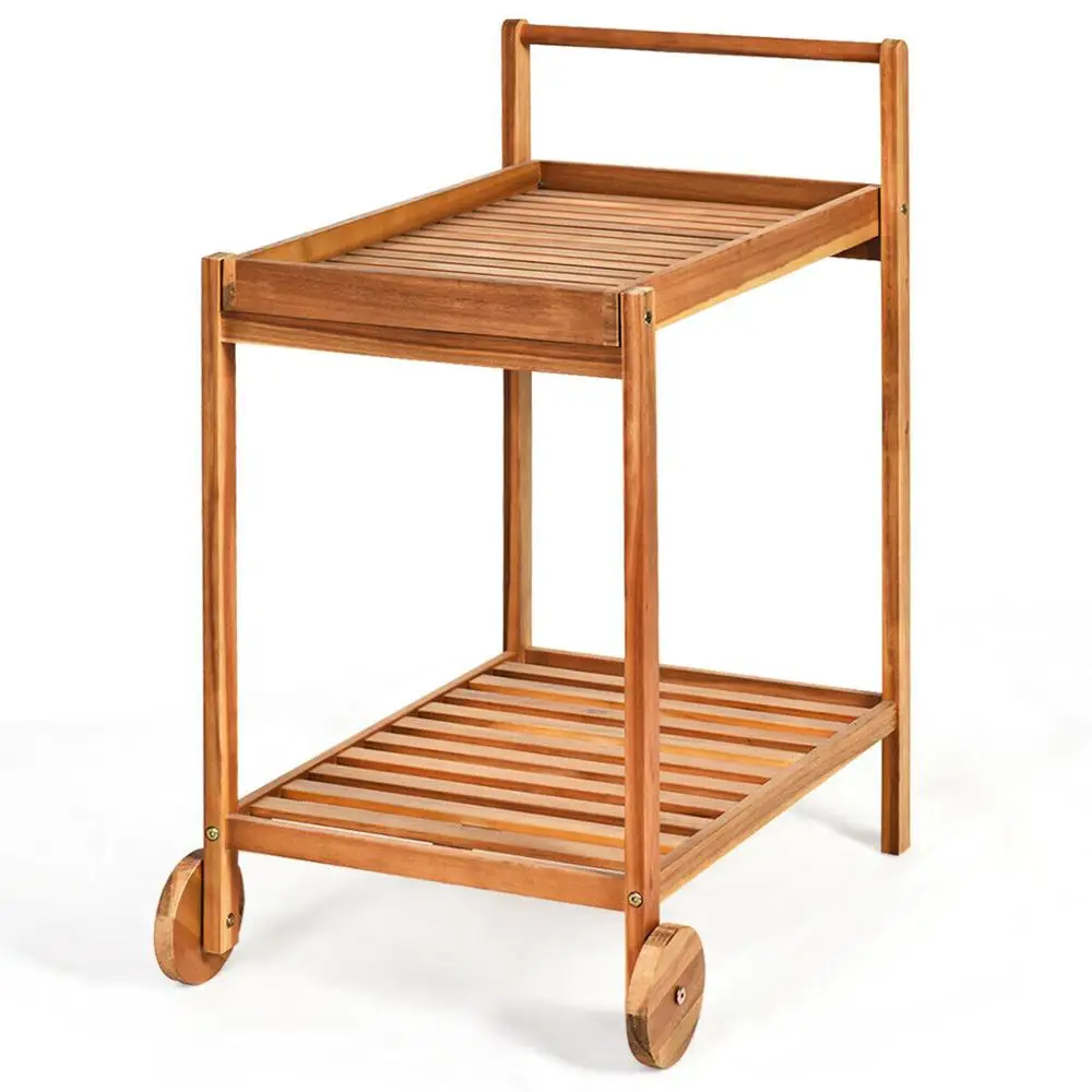 2 Tier Acacia Rolling Kitchen Trolley Cart Dining Serving Cart Outdoor W Wheels Kitchen Islands Trolleys Aliexpress