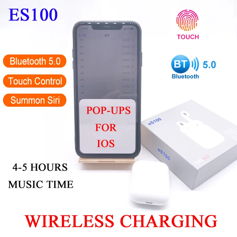 

Fu&Y Bill New ES100 TWS Pop Ups 1:1 Wireless Bluetooth Earphone Separate QI Wireless Charging Bass Earphones PK I30 I20 I12 I60