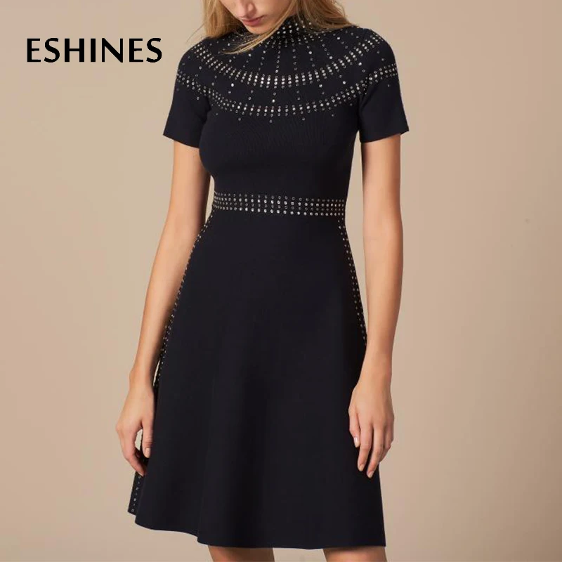 

ESHINES Vintage Black A-Line Mini Dress Autumn Stand Collar Decoration Diamonds Short Sleeve Slim Knitting Dress