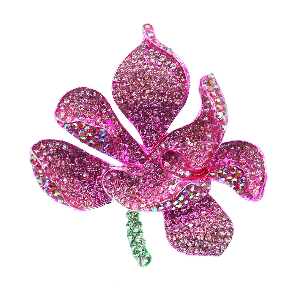 Серебряная цветок орхидеи брошь с лепестками с розовый кристалл горного хрусталя булавка
