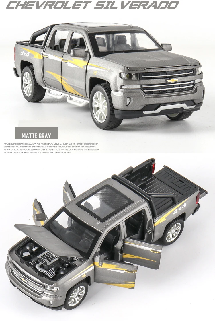Горячая 1:32 Масштаб колеса 4x4 Chevrolet пикапа металлическая модель с светильник и звук silverado литья под давлением автомобиль вытяните назад игрушка Коллекция