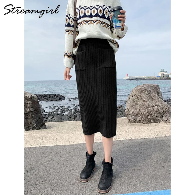 Black with Pocket Зимние вязаные юбки, плотная Женская длинная юбка-карандаш с высокой талией, офисные длинные юбки, зима-осень, Теплая юбка, Женская длинная - Цвет: Black with Pocket