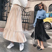 Повседневная бархатная плиссированная юбка с высокой талией, Женская винтажная длинная юбка, черная женская s, зима-осень, Женская юбка Faldas Saia Mid Великолепная