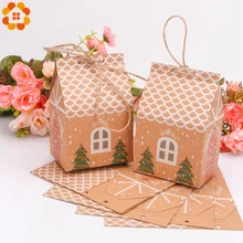 1set House Shape Christmas Candy Gift Bags With Ropes Xmas Tree Cookie Bags Merry Christmas Guests Packaging Boxes Party Decor