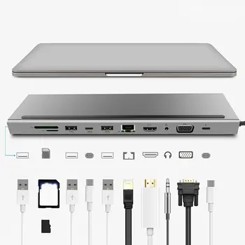 

11-In-1 Type C To HDMI VGA Network Card PD Hub Extension Docking Station Aluminum Alloy Support 4K HD Output Card Reader