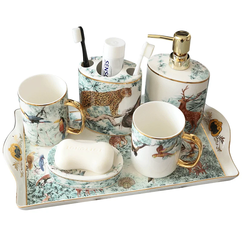 Ceramic Bathroom Accessories Set Soap Dispenser Toothbrush Holder & Gargle Cups Soap Dishes Lavatory 5/6 Pieces Set Wedding Gift