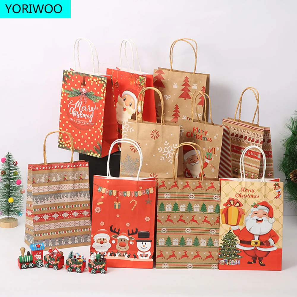 

5pcs Kraft Paper Gift Bags Snowflakes Merry Christmas Candy Cookie Packaging Bag Boxes New Year 2022 Natal Xmas Tree Party Favor