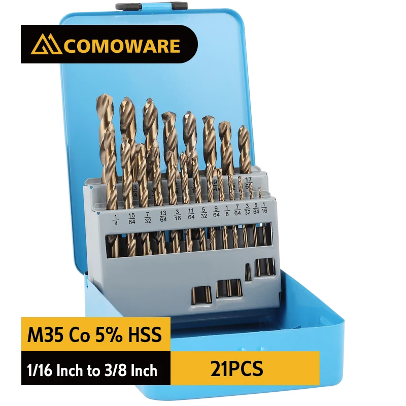 COMOWARE Cobalt Drill Bit Set 21Pcs M35 High Speed Steel Twist Jobber for Hardened Metal Stainless Wood Plastic in Storage | Инструменты