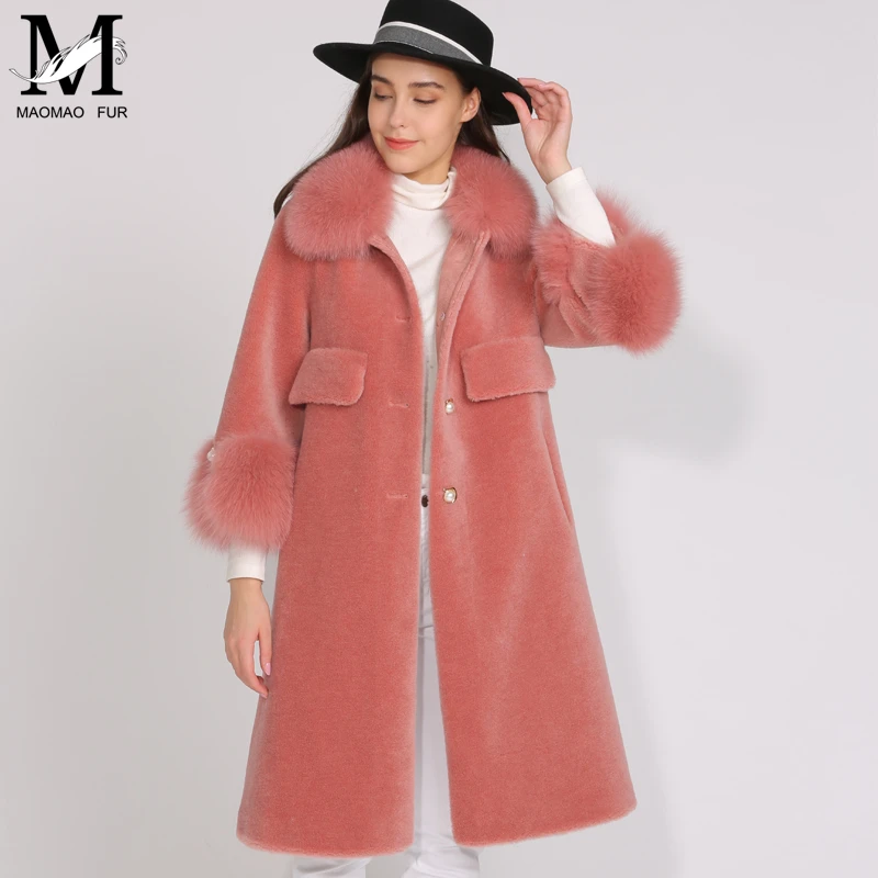 MAOMAOFUR/шерстяное пальто для женщин с натуральным лисьим меховым воротником и манжетами; теплая верхняя одежда для женщин; Новая модная длинная стильная куртка из натурального овечьего меха