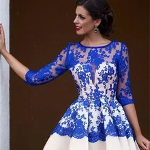 Синий кружевное с рукавом до локтя платья для выпускного вечера Короткие мини с круглым вырезом торжественное платье для девочек