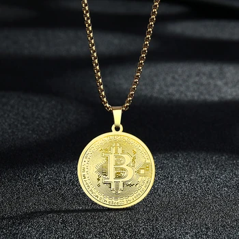 Circle Bitcoin Pendant Necklace Stainless Steel Bitcoin Charm Chain Choker For Men or Women 1