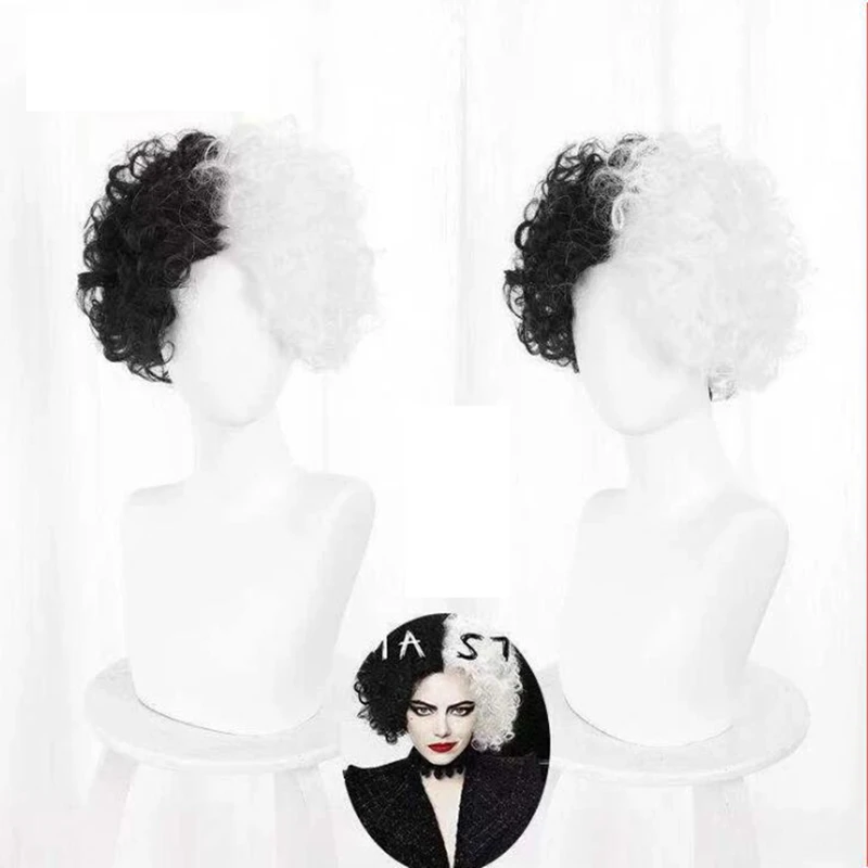 New Cruella Wig CRUELLA de Vil Short Black White Ms. Spot Hair Deville Dalmations Heat Resistant Cosplay Costume Wigs + Cap |