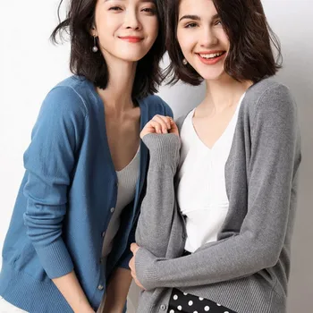 

Long Sleeve Thin V-collar Knitted for Women Pure Color Cardigan Sweater Loose Coat Woman CY01
