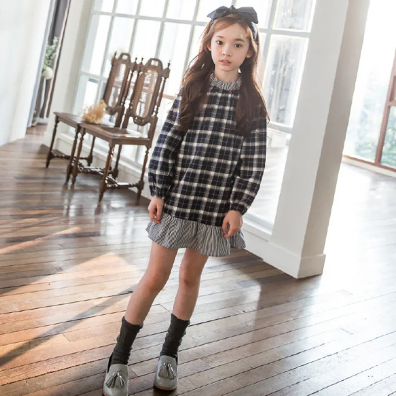

Girls Dress New Spring Autumn College Winds Style Girls Clothing Long Sleeve Lapel Lattice Pattern Children Kids Dress CL090