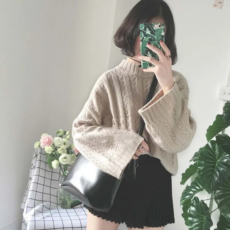 

Casual Loose Women Solid Long Sleeve Knitted Sweaters Warm Pullover Sweater pull femme Autumn Winter Half Turtleneck Sweater