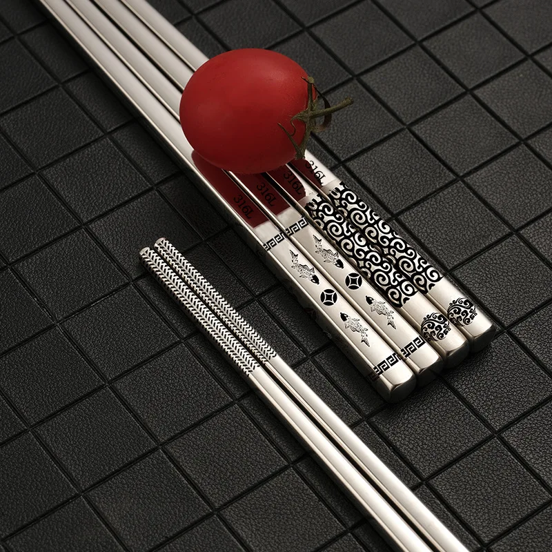 24cm Korean Non-slip Chopsticks 316L Stainless Steel Laser Engraving Anti-scalding