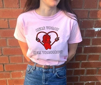 

HAHAYULE-JBH Here Today Hell Little Devil Gilr Printed T Shirt Funny Quotes Printing Street Style Fashion Outfits for Women