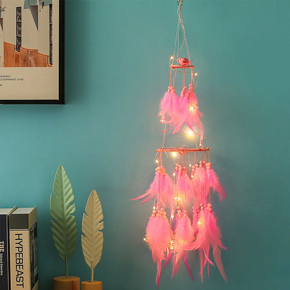 

1pc Dreamcatcher LED Light Party Double-Deck Vintage White Feather Dream Catcher Handmade Dromenvanger Wind Chimes Home Hanging