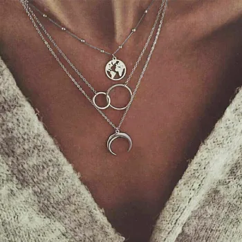 Bohemian Fashion Moon Circle Map Pendant Necklace for Women Jewelry Earth Choker Multilayer Bijoux Collares Mujer Collier Femme