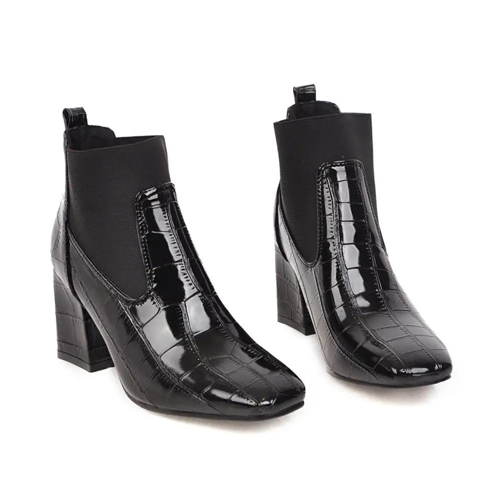 Новое поступление; модная обувь; женские ботинки; эластичные ботильоны из лакированной кожи; ботинки на низком квадратном каблуке; женские пикантные ботинки - Цвет: black
