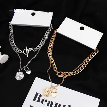 

Gold Color Steel Multi-layer Cuban Link Chain Heart Pendant Lock Necklace Hip-hop Cool Handsome Clavicle Chain Exaggerated