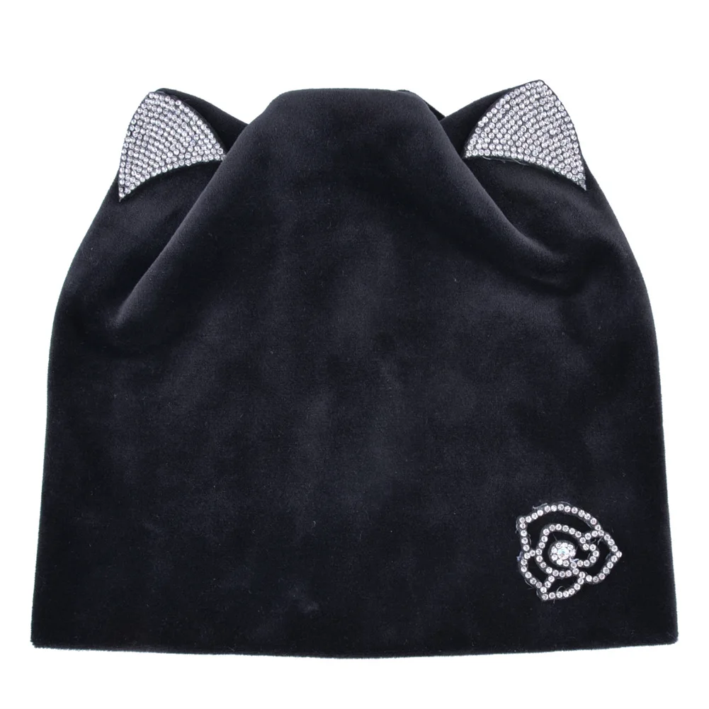 Winter Women's Hot Drilling Hedging Cap Fashion Wild Solid Color Beanie Hat Outdoor Warm Windproof Cap Cat Ear Hat Soft Beanie