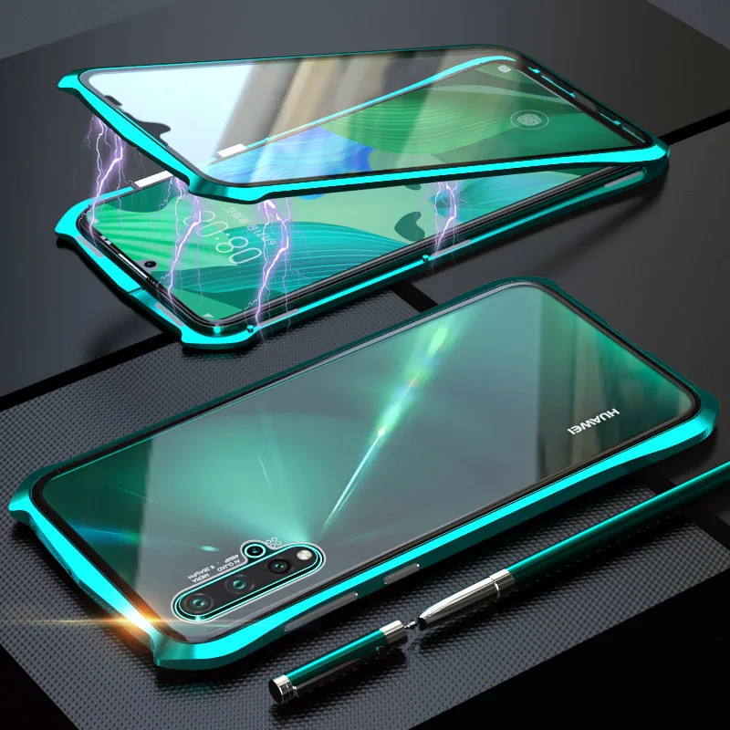 Зеленый Для huawei Nova 5 Чехол в стиле летучей мыши тонкая металлическая рамка взрывозащищенный чехол из закаленного стекла с магнитной адсорбцией - Цвет: Зеленый