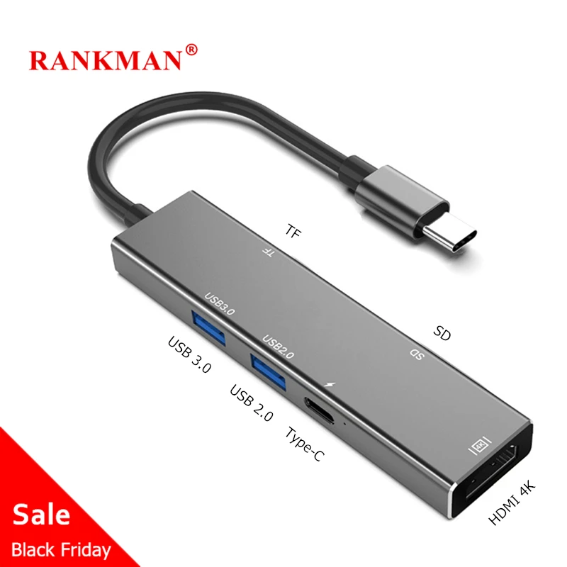 

Rankman USB C to HDMI 4K Type-C SD TF Card Reader USB 3.0 2.0 Adapter for Macbook Samsung S9 Dex Huawei P30 Projector Monitor TV
