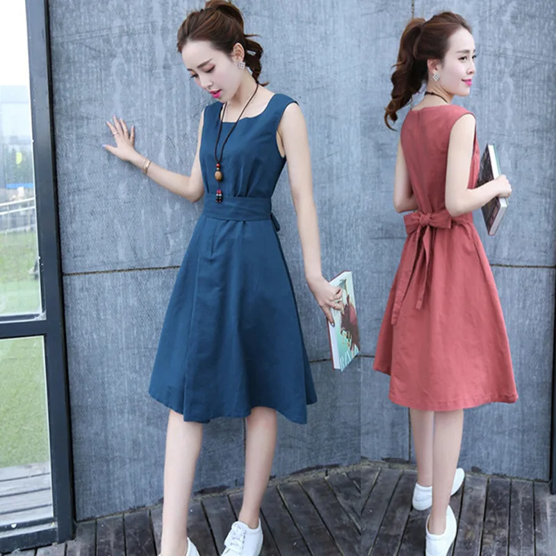 

2017 Summer New Style Korean-style Cotton Linen Literature And Art Women's Dress Belt Waist Hugging Full Body Dress Fashion