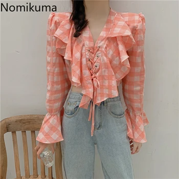 

Nomikuma Ruffle Plaid Shirts V Neck Long Sleeve Drawstring Lace Up Fashion Crop Tops Women Korean Blouse Blusas Mujer 3b185