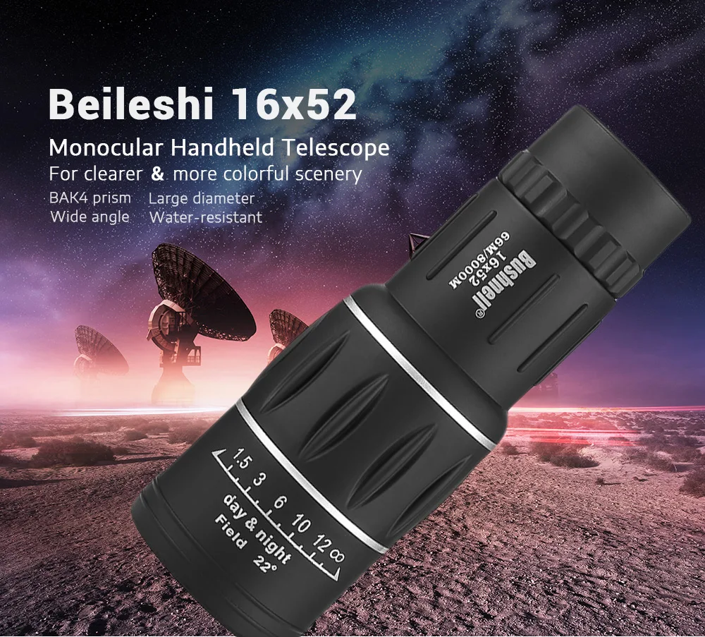 Beileshi 16x52 Monocular Telescope Dual Focus Adjusting Low Night Light Vision