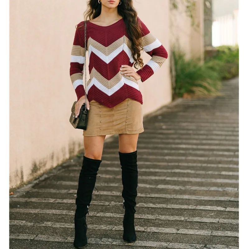 Autumn And Winter Sweater New 2021 Ladies Casual Wave-shaped Contrast Color Knitted Sweater Ropa Mujer Invierno 2021 turtleneck