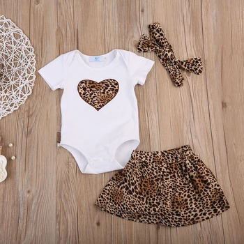 

Short sleeve Bodysuit and Leopard Skirt With Headband 3pcs Bodysuit Set For baby Girl Clothes
