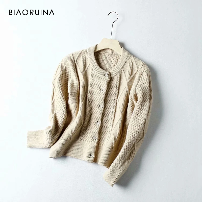 Женский однобортный Кардиган BIAORUINA однотонный вязаный кардиган с круглым