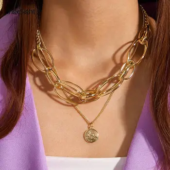 

IngeSight.Z 2Pcs/Set Retro Multi Layer Miami Curb Cuban Thick Choker Necklace Collar Carved Coin Pendant Necklaces Women Jewelry