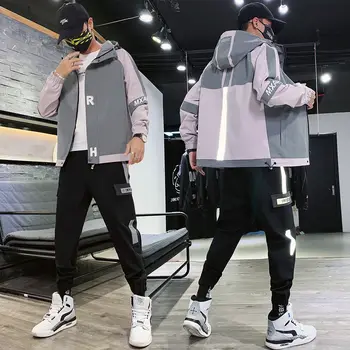 

Street Fashion Grey White Patchwork Jacket Men Two Piece Set Tracksuit Hooded Smooth Breathble Looe Fit Jacket Pants Tracksuit