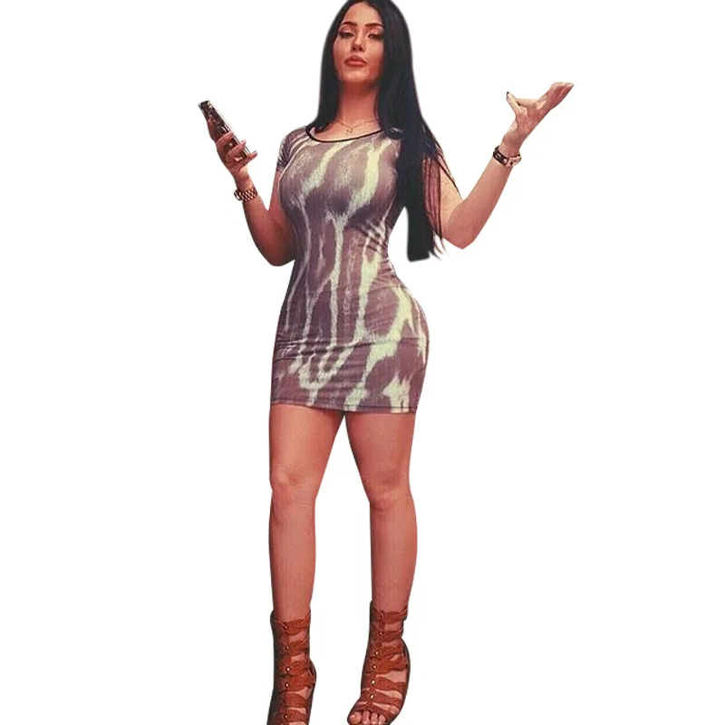 

Women Sexy Round Neck Off Shoulder Short Sleeve Tie Dyed Vintage Silk Mini Bodycon Dress