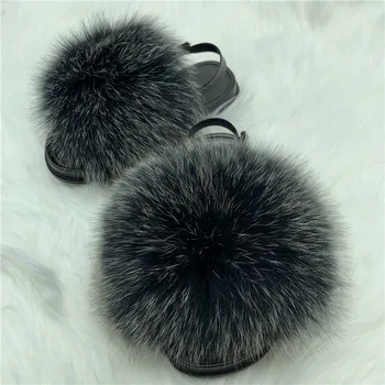 

Children's Real Fox Fur Slides Kids Fluffy Fur Slippers Girl's Cute Plush Sandals Baby Home Shoes Heel Strap Toddler Shoes
