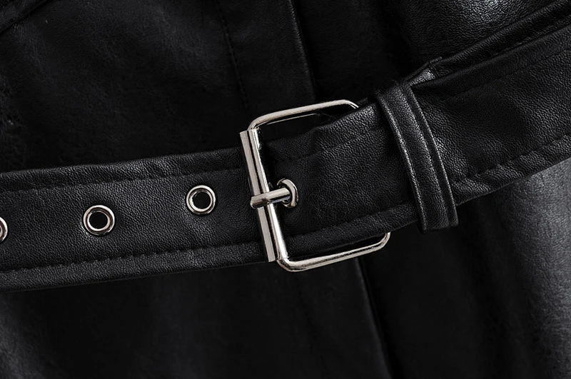 Stylish Pu Leather Jacket Women Turn Down Collar Pockets Fashion Black Coat Female Sashes Long Sleeve Streetwear Outwear Tops