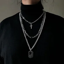

2021NEW New Personality Cross Square Metal Multilayer Hip hop Long Chain Cool Simple Necklace For Women men Jewelry Gifts 19