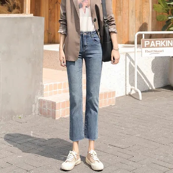 

Nonis High Waist Loose Slim Straight Women Jeans Ankle Length 2019 New Autumn Radish Jeans Boyfriend Light Blue Stretch