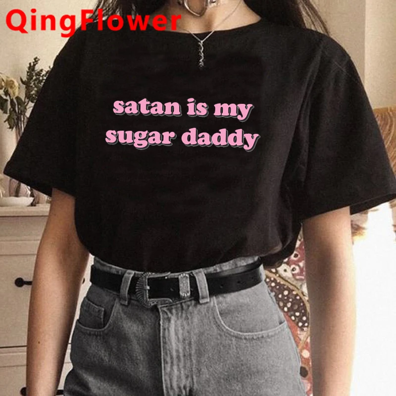 Camiseta con estampado de letras Daddy Harajuku para mujer, camiseta de Satán Is My Sugar Daddy Ullzang, playera estampada de los años 90, camiseta de estilo coreano para mujer