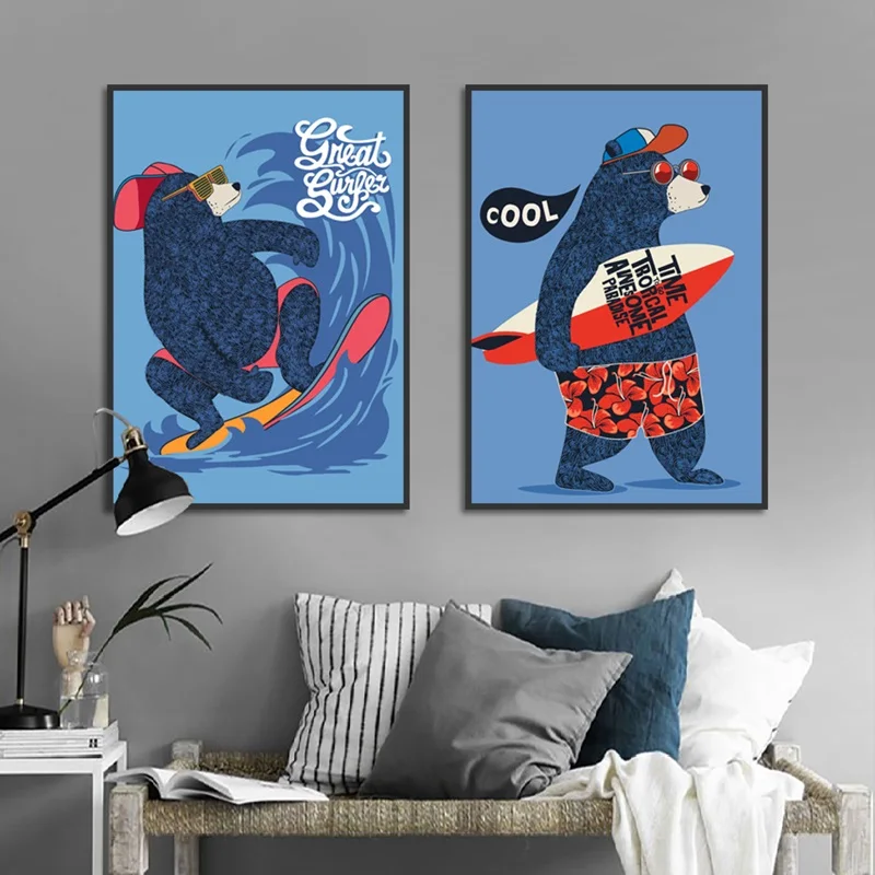 Seaside Surf Cartoon Animal Poster Art Print Canvas Painting Picture Home Wall Graffiti Aisle Modern Decoration | Дом и сад