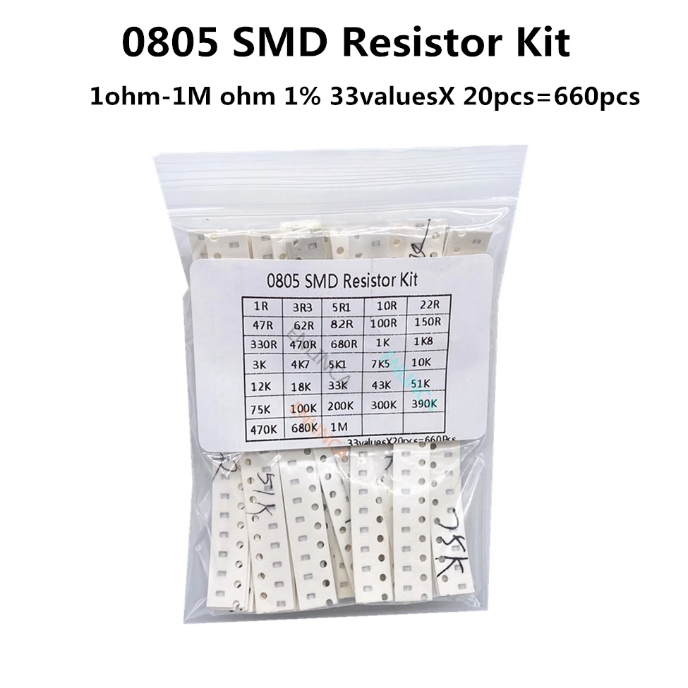 

Комплект резисторов 0805 SMD в ассортименте, 1 Ом-1М Ом 1% 33valuesX 20 шт. = 660 шт., набор образцов