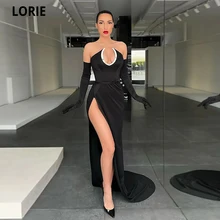 

LORIE Black Long High Side Slit Evening Party Dress V-neck Simple Satin Formal Prom Gown Robe De Soirée Femme Robes De Cocktail