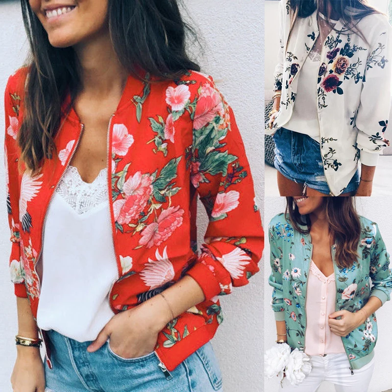 

LOOZYKIT Autumn Women Sports Coat Spring Hooded Jacket Solid Long-Sleeved Baseball Floral Printed Coat Casual Short Outwear
