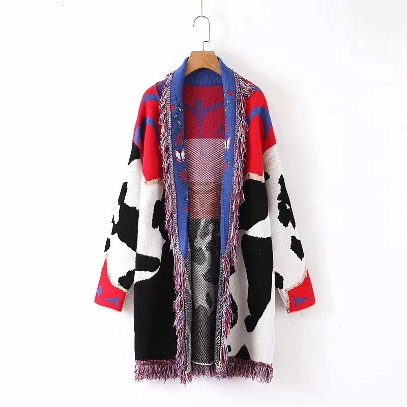 CHICEVER Patchwork Tassel Hit Color Sweaters Women Lapel Collar Long Sleeve Cardigans Loose Sweater Female Autumn Winter