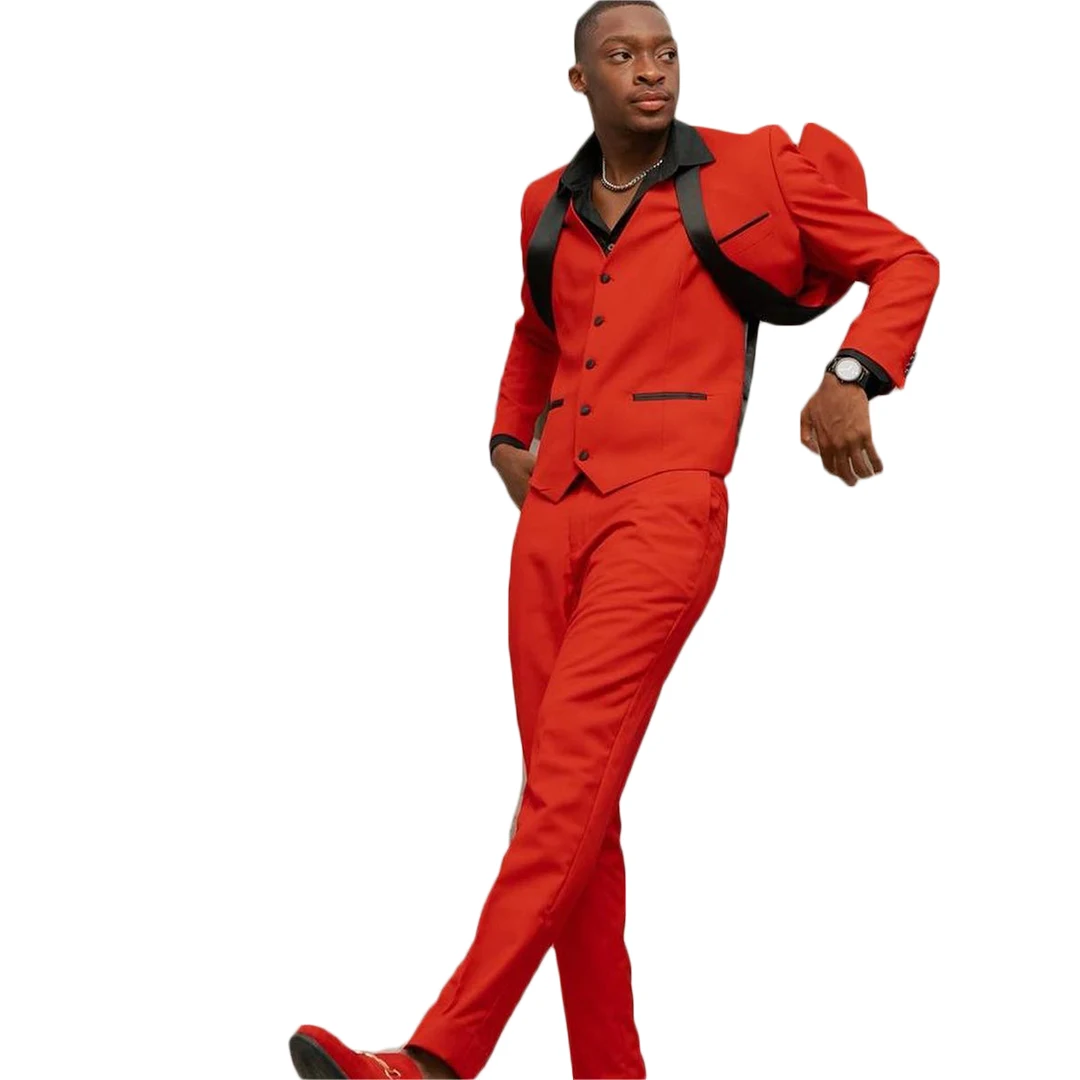 3 Pcs Red Mens Suits With Black Lapel Party Costume Slim Fit Blazer Tuxedos Made (Jacket+Pants+Vest)
