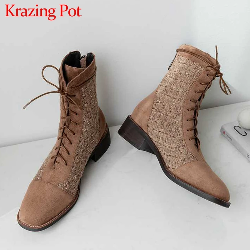 

Krazing Pot mixed colors flock gingham fashion beauty lady square toe med heels back Zipper lace up winter warm ankle boots L19