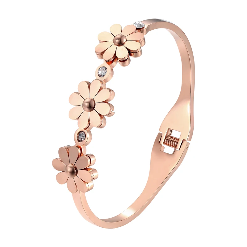 Crystal And 3 Chrysanthemum Shape Bracelets & Bangle Stainless Steel Spring Open Gold Color Bangle For Women Brand Jewelry bangle bracelet crystal bracelets stainless steel bracelet